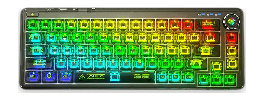AULA F68 투명 블랙 정면 탑뷰, RGB 백라이트 점등 (제품 이미지)